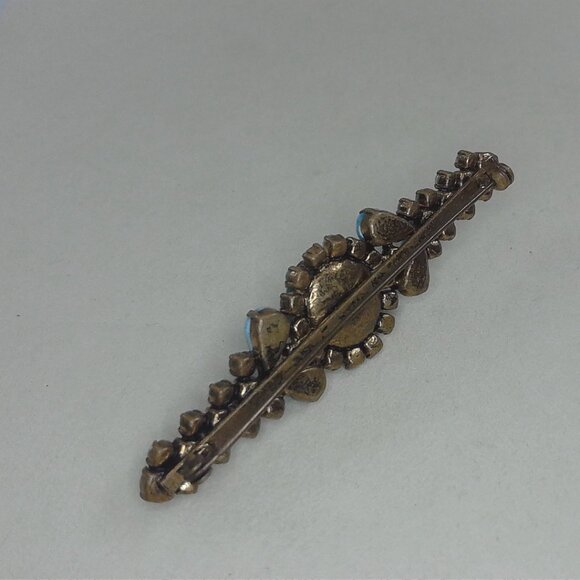 Vintage Gold Tone Faux Turquoise & Pearl Bar Brooch - Art Deco Revival - Picture 2 of 2